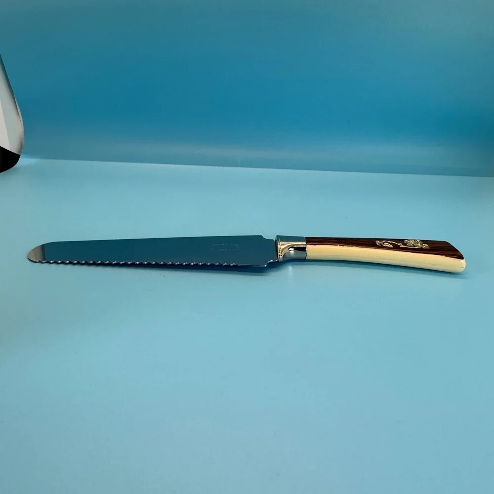VTG Lifetime Cutlery Serrated Cake Knife Brown Cream Gold Floral Inlay MCM 10.5